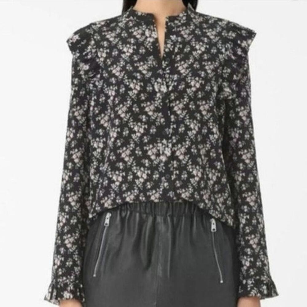 AllSaints Silk Floral Ruffle Long Sleeve Button Down Blouse Black Sz2 Chic Femme